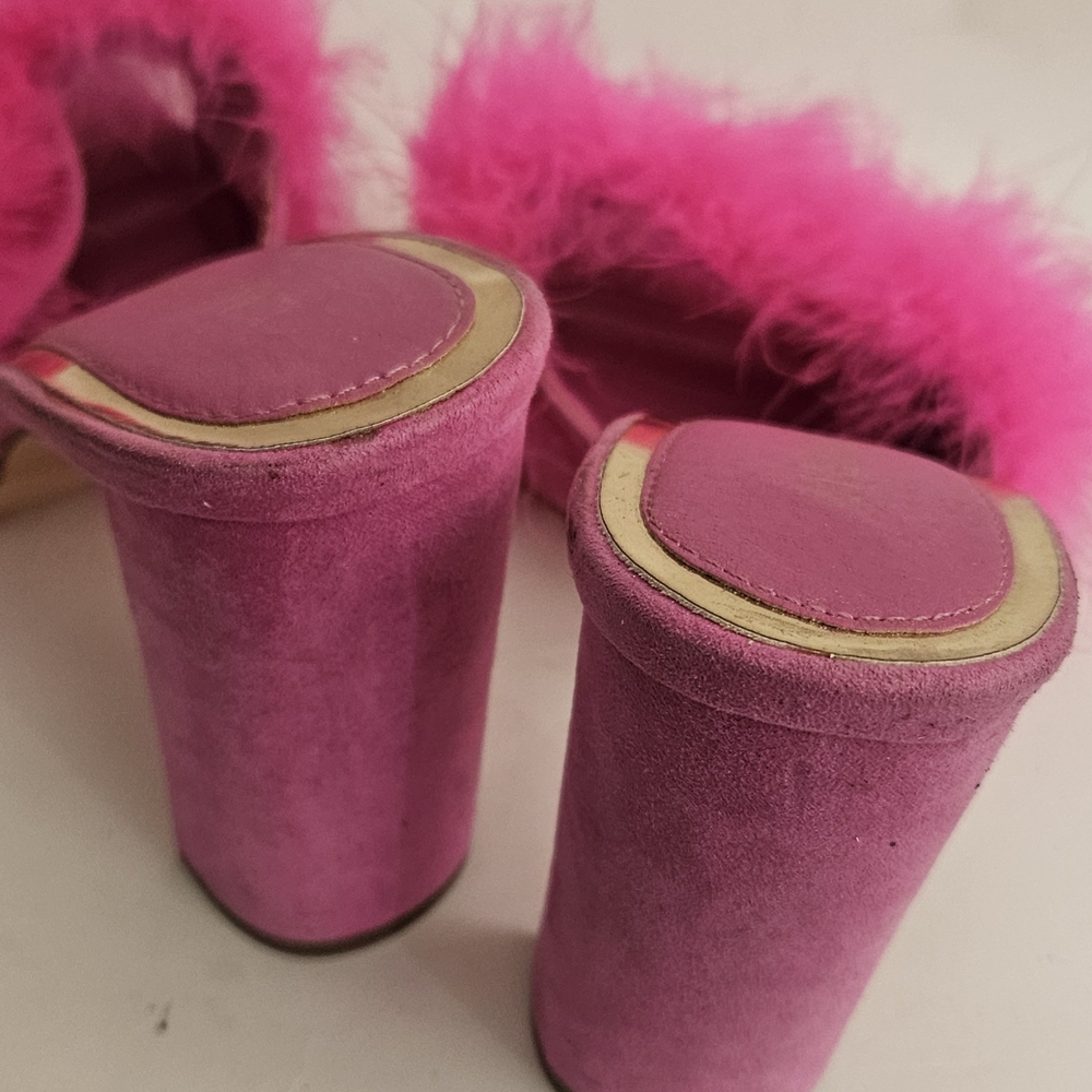 Liliana bright pink maribou feather 4" high square toe mules, size 10 - Picture 7 of 15